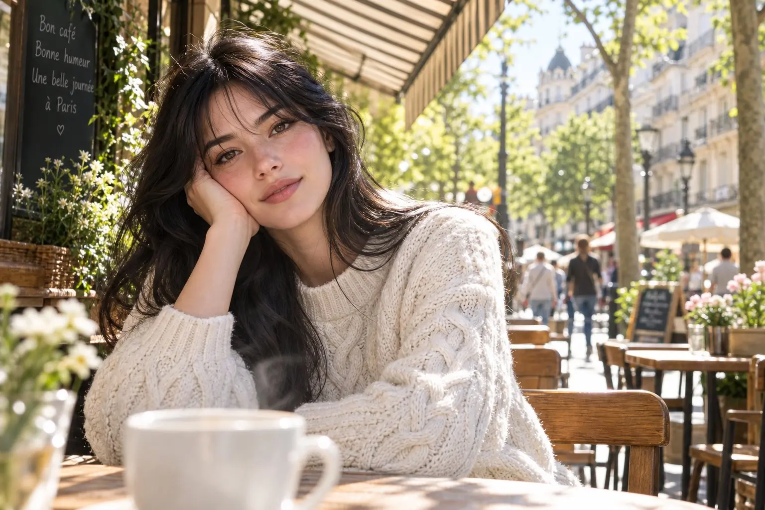 A photorealistic portrait in a Paris cafe shared as an early Mona Lisa 1 example